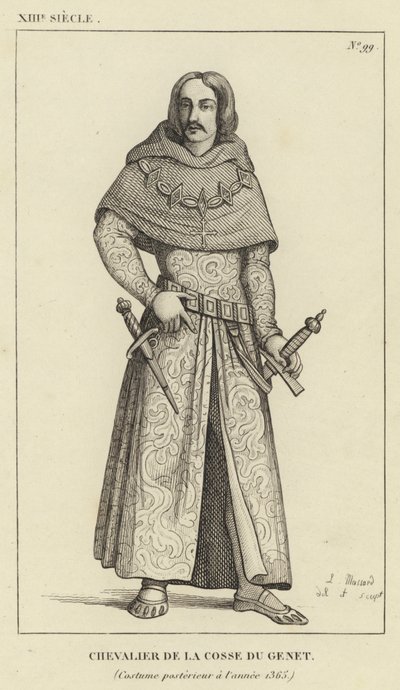 XIII Century, Riddare av Pod of Genet, Dräkt efter år 1365 (gravyr) av French School
