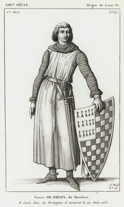XIII-talet, Louix IX:s regeringstid, Pierre de Druex, dit Mauclere, Han var hertig av Bretagne; han dog den 22 juni 1250 (gravyr) av French School