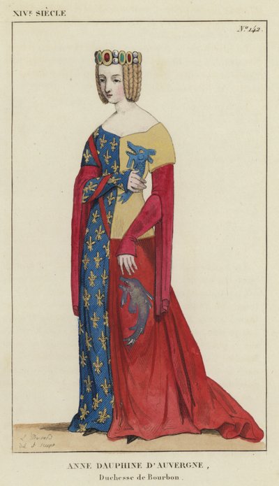 XIV Century, Anne Dauphine av Auvergne, hertiginna av Bourbon (färgad gravyr) av French School