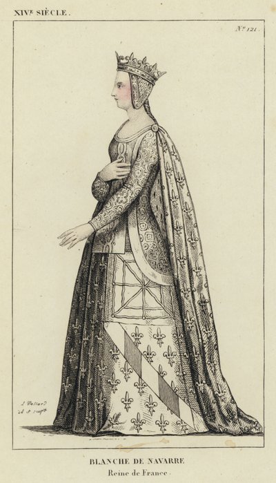 XIV Century, Blanche av Navarra, drottning av Frankrike (färgad gravyr) av French School