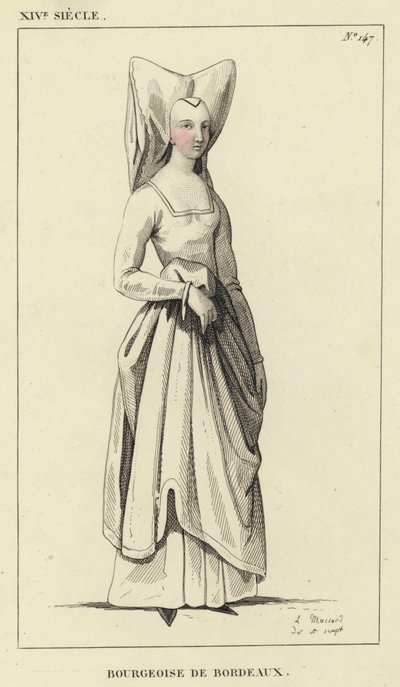 XIV Century, Bourgeoise of Bordeaux (färgad gravyr) av French School
