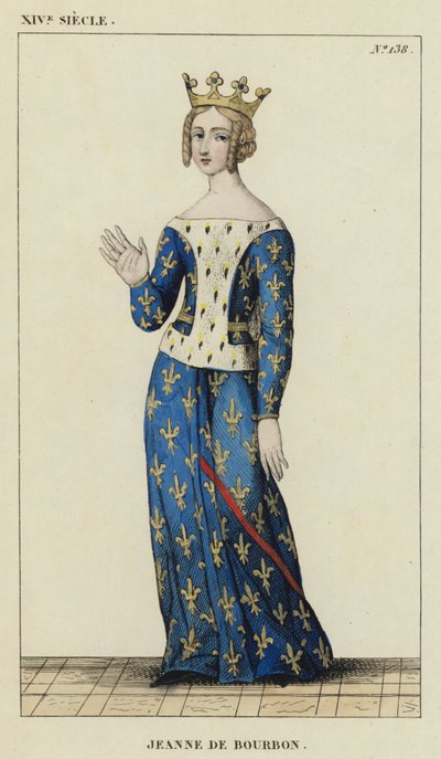 XIV Century, Jeanne av Bourbon (färgad gravyr) av French School