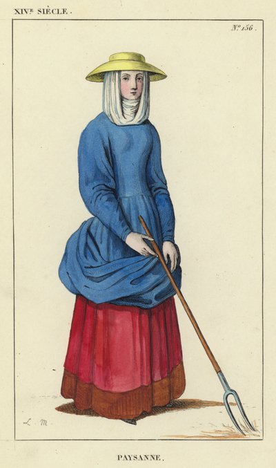XIV Century, bondekvinna (färgad gravyr) av French School