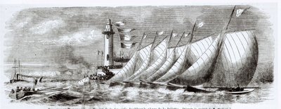 Yachter som rundar Joliette-fyren under 1864 års regatta i Marseille, från Le Monde Illustre, 17 september, 1864 av French School