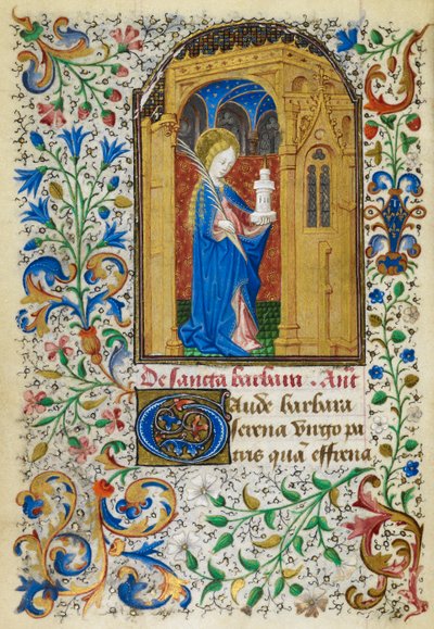 Yates Thompson 3, fol.289v Miniatyr av St. Barbara under en gyllene båge, bärande en palm och hennes torn, med en hel lövbladskant, i början av hennes rösträtt, från 