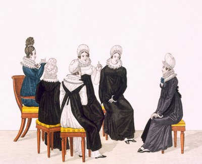 Unga kvinnor som chattar, c. 1820 (färggravyr) av French School