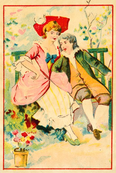 Ungt par på en bänk i en trädgård (chromolitho) av French School