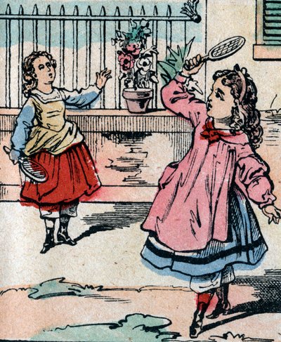 Unga flickor som spelar battledore och fjäderboll, tidigt spel som liknar badmington - Epinal bild - 1800-talet (gravyr) av French School