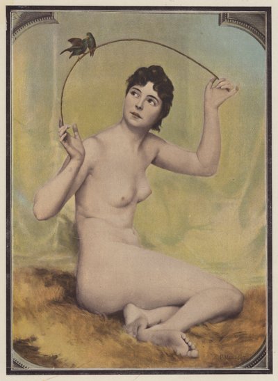 Ung naken kvinna med fåglar (färg litho) av French School