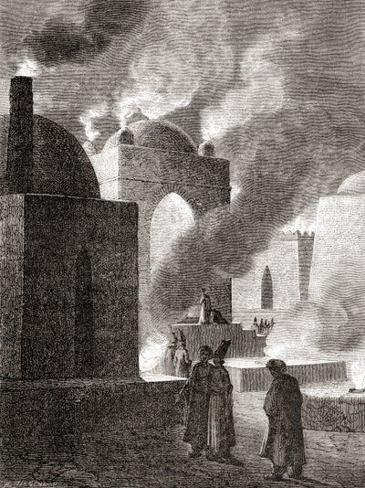 Zoroastriska elddyrkare vid ett eldtempel i Baku, Azerbajdzjan, från 
