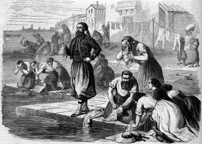 Zouaver från den franska armén tvättar sin tvätt. Italien, Risorgimento de 1859. Gravyr i "" Le Monde Illustré"" nr 122 av 13 augusti 1859. av French School