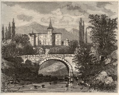 chateau de la rochelambert I dalen vid terminalen Haute-Loire (43) - gravyr i "La France illustrée: geografi, historia, statistisk administration" av V.-A. Maltbrunt. 1884 av French School