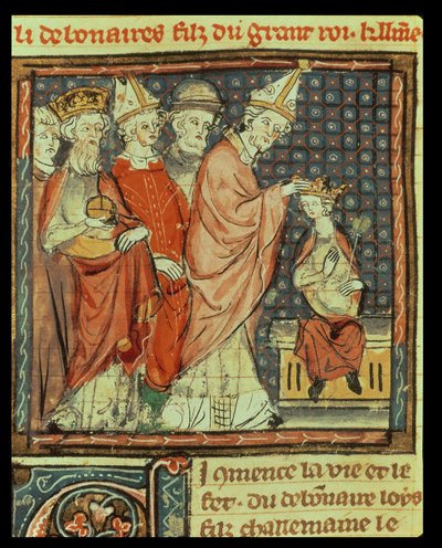 f.142r Kröningen av Ludvig I den fromme (778-840) den helige romerske kejsaren av påven Stefan IV (påven 816-817) i Reims 816, från Grandes Chroniques de France, 1375-79 av French School