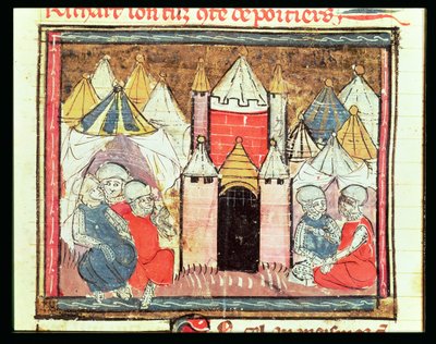 f.259r Belägringen av Chateau-Gaillard 1204 när Philip Augustus av Frankrike (1165-1223) besegrade kung John (Lackland) av England (1199-1216), från Grandes Chroniques de France, 1375-79 av French School