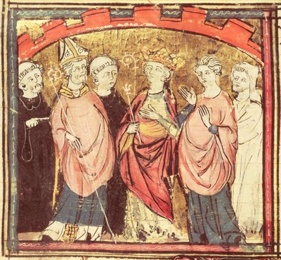 f.73r Dagobert I (605-39), kung av frankerna som tar emot kungariket Frankrike, från Grandes Chroniques de France, 1375-79 av French School