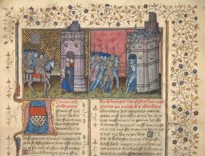 f. 73: Siege of Brest, från "Chronicles of France and England", av Jean Froissart (vellum) av French School