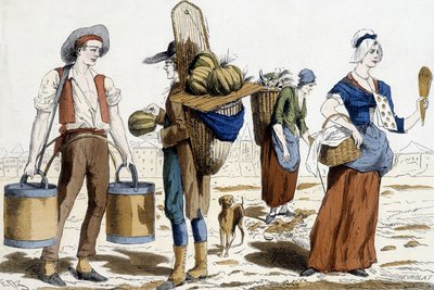 Illustration av 1700-talets Parisdräkter: vattenbärare, melonhandlare, chiffonnier, nöjeshandlare. av French School