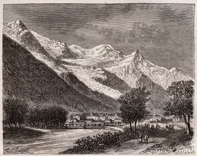 chamonixdalen och Mont Blanc - gravyr i "La France illustrée: geografi, historia, statistisk administration" av V.A. Malt-Brown. 1884 av French School