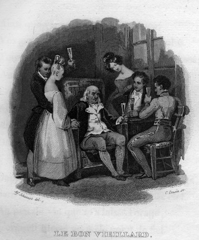 den gode gamle mannen Chanson de Beranger i ”” Oeuvres completes”” (1834) av Pierre Jean de Beranger (1780-1857), fransk poet och sångskrivare. av French School