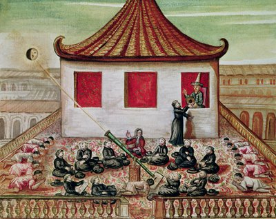 od. 59 fol.7 Solförmörkelsen i Siam 1688, sedd av jesuitmissionärerna, i närvaro av kungen av Siam vid fönstret till hans palats, 1688 (wc på papper) av French School