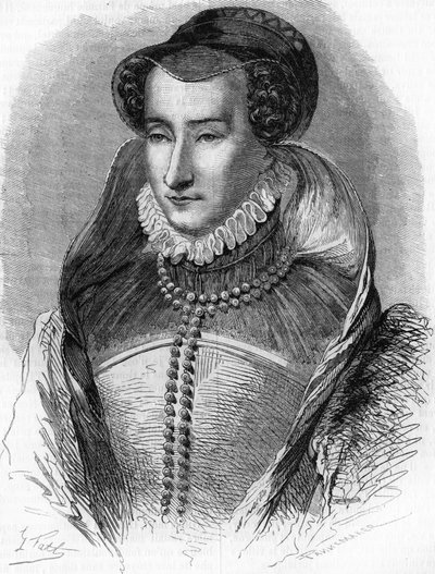porträtt av Jeanne III av Albret (1528 1572), mor till kung Henrik IV och fru till Antoine de Bourbon (1528-1572). I "" Histoire Populaire de la France"", sd. ca 1885. Gravyr. av French School