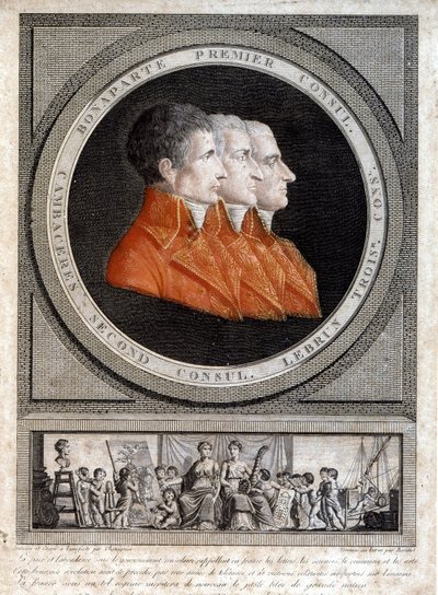 porträtt av de tre konsulerna, Napoleon Bonaparte (1769-1821), Jean Jacques Regis (Jean-Jacques-Regis) de Cambaceres (1753-1824) och Charles Francois Lebrun (1739-1824)” av French School