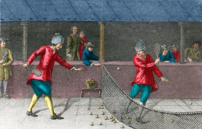 kort palm guld äkta tennis - Vy över ett palmspel på 1700-talet av French School