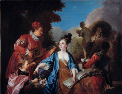 smaka i en park Unga adeln får teet i trädgården av en ung svart tjänare. Målning av Franska skolan. 1700-talet. Sön 1,71x1,32 m Rouen, musee des Beaux Arts av French School