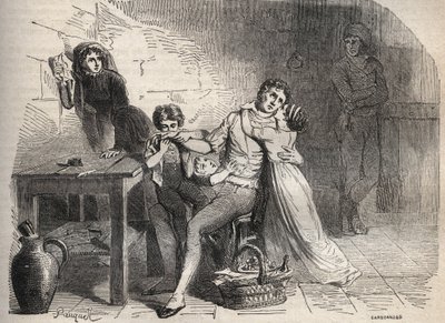 The Lyon post post-affären - Case du courrier de Lyon: Joseph Lesurques farväl till sin familj: förmodligen inblandad i fallet med Lyon-posten 1796 anklagades han felaktigt för att ha attackerat Lyon poststammen och var giljotin - Gravyr i " av French School