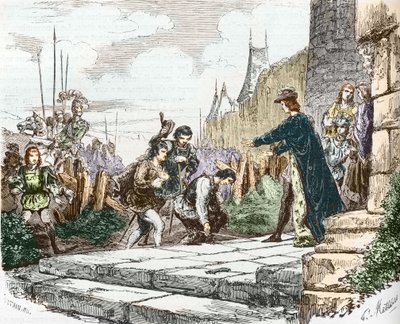 delfinen Ludvig (då Ludvig XI), hertig Johannes II av Alencon och hertig Karl I av Bourbon ber kung Karl VII om förlåtelse av French School