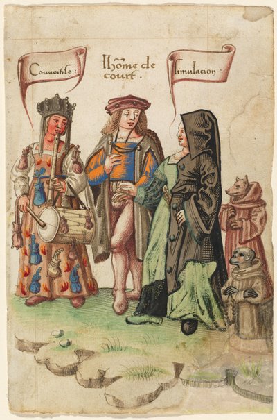 En hovman som står mellan girighet och dissimulering [fol. 14 recto] av French early 16th Century