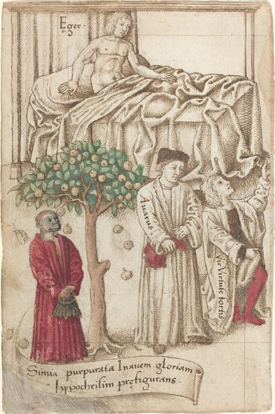 En apa i lila med en sjuk man, en god man och en snålhet [fol. 36 verso] av French early 16th Century