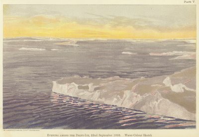Kväll bland drivisen, 22 september 1893, akvarellskiss (färg litho) av Fridtjof Nansen