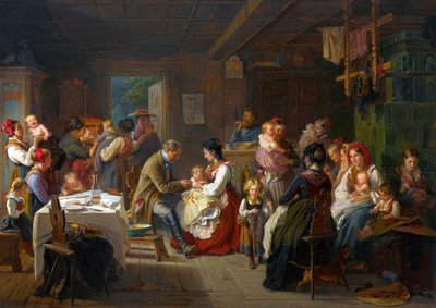 Vaccination contre la variole a la campagne - En vaccination mot smittkoppor på landsbygden - Friedrich Adolph Hornemann (1813-1890). Olja på duk av Friedrich Adolph Hornemann