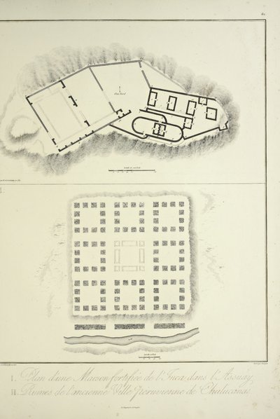 Plan över en befäst inkabostad i Assuay; och ruinerna av den antika peruanska staden Chulucanas, graverade av Bouquet, illustration från "Views of the Cordilleras and Monuments of the Ursprungsbefolkning i Amerika" av Alexander von Humboldt och Aime Bonpla av Friedrich Alexander Baron von (after) Humboldt