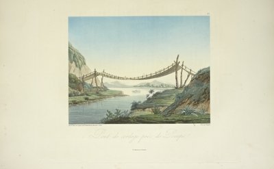 Rope Bridge nära Penipe, ritad av Marchais, graverad av Bouquet, illustration från 