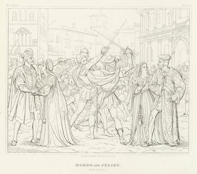 Romeo och Julia, akt I, scen 1 (gravyr) av Friedrich August Moritz Retzsch