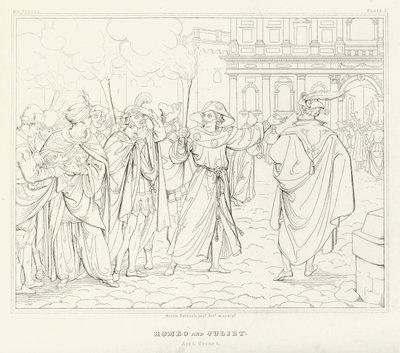 Romeo och Julia, akt I, scen 4 (gravyr) av Friedrich August Moritz Retzsch