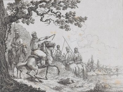 Kosacker rider längs en flodstrand, 1814. av Friedrich August de La Belle