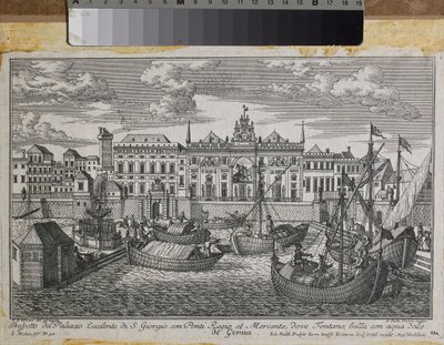 Plan över Genua som visar den kungliga bron, den nya bron i Mercanzia och St. George-palatset sett från havet, ca 1750 (gravyr) av Friedrich Bernhard Werner