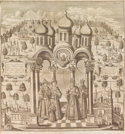 Feodor III, Peter I, Ivan V och patriarken Adrian I. Från Das veraenderte Russland..., 1721. av Friedrich Christian Weber