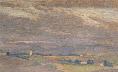 Kvällslandskap med kyrktorn av Friedrich Hasslwander