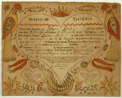 Födelse- och dopbevis, c. 1790-1800 (oxgall tusch, akvarell och gravyr på lagt papper) av Friedrich Krebs