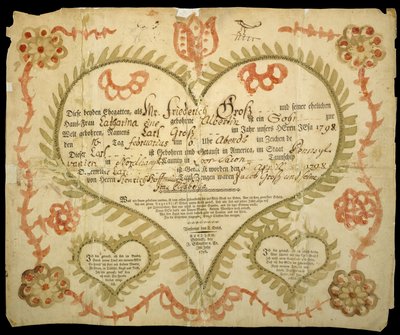 Födelse- och dopbevis, c. 1800 (oxgall bläck, akvarell och gravyr på lagt papper) av Friedrich Krebs