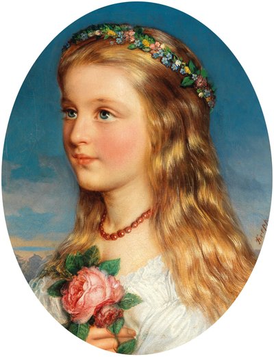 Friedrich Krepp Porträtt av en flicka med blomsterkrans och rosor av Friedrich Krepp