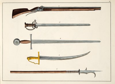Vapen inklusive svärd och spjut, ca 1400, skylt från A History of the Development and Customs of Chivalry, av Dr Franz Kottenkamp, publicerad av Carl Hoffmann, 1842 av Friedrich Martin von Reibisch