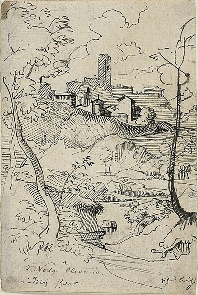 Italiensk stad med flod (recto); Vy över en stad (verso) av Friedrich Nerly