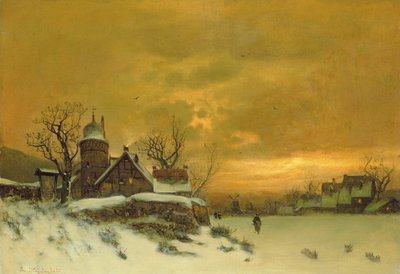 Vinterlandskap med utsikt över byggnader på kvällen av Friedrich Nicolai Joseph Heydendahl