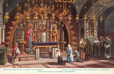Korsfästelsens altare, Heliga gravens kyrka, Jerusalem (färglitografi) av Friedrich Perlberg