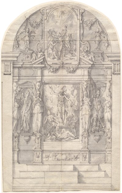 Ett utarbetat altare med Kristi uppståndelse och Saint Andrews martyrskap av Friedrich Sustris